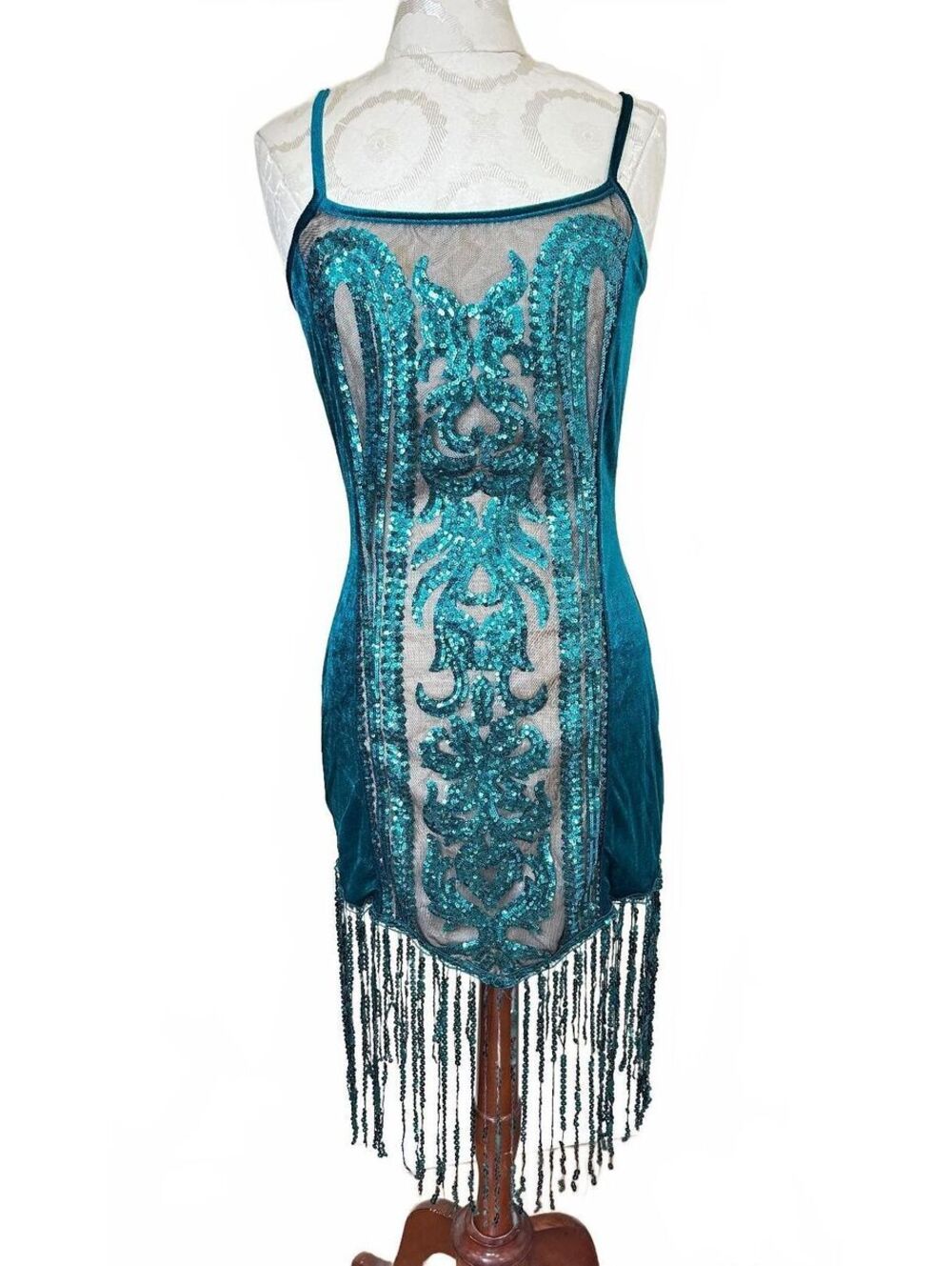 Dreamgirl Velvety Sequin Fringe Dress Sheer Panel Green Shimmer Flapper Size S